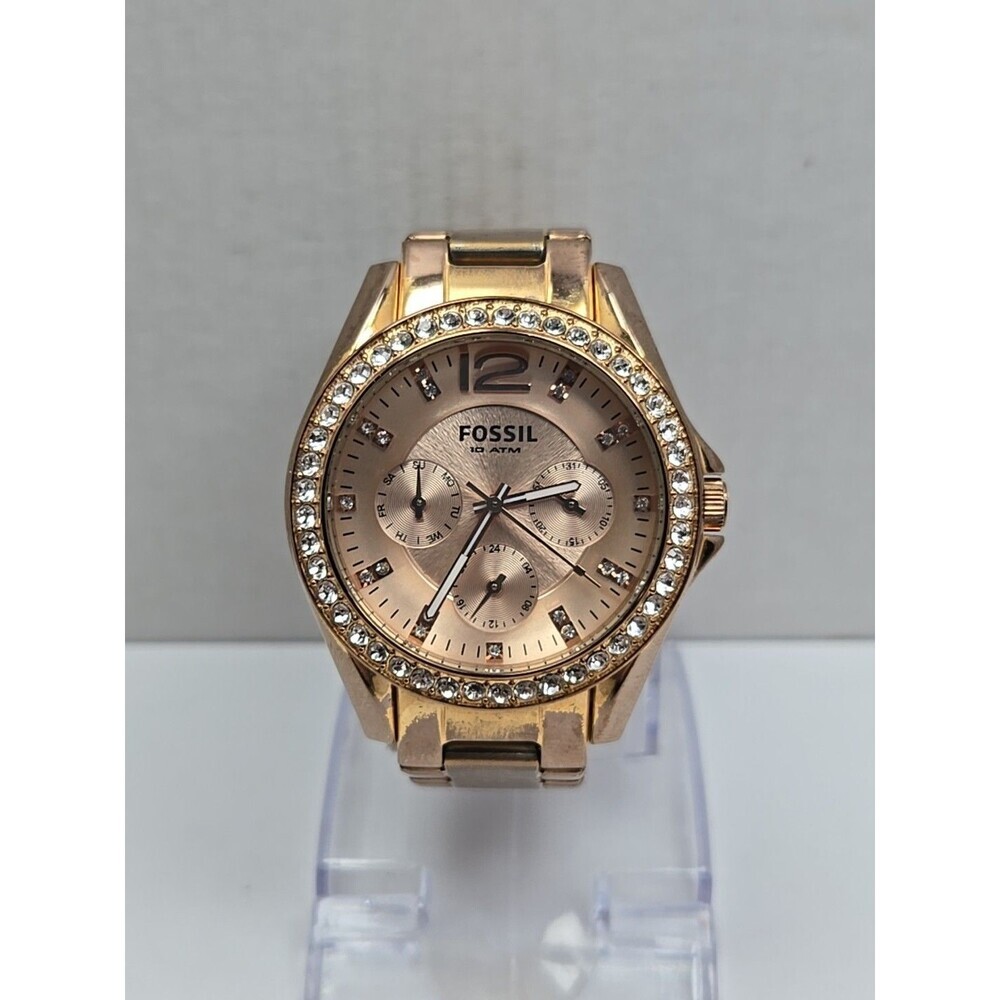 Fossil Riley ES2811 Women Rose Gold Crystal Multifunction Watch New Battery Sz-S